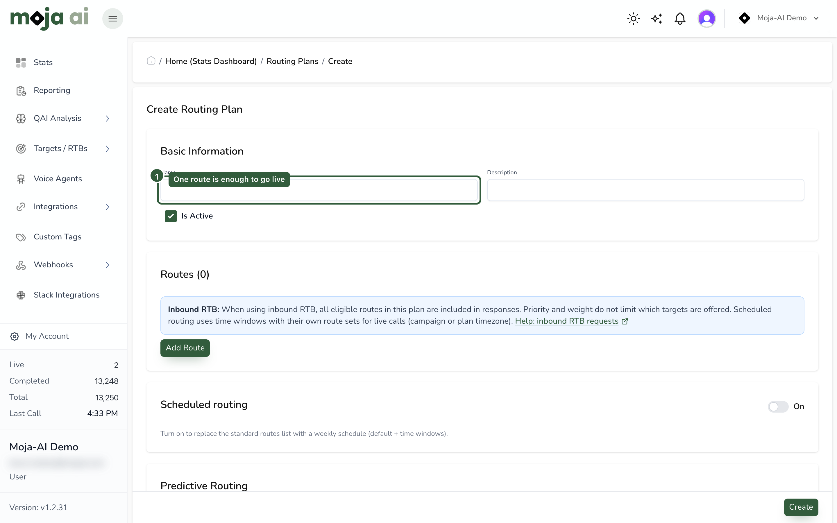 Moja routing plan: name, routes, active state, scheduled-routing controls, and edited sidebar metrics in the demo account